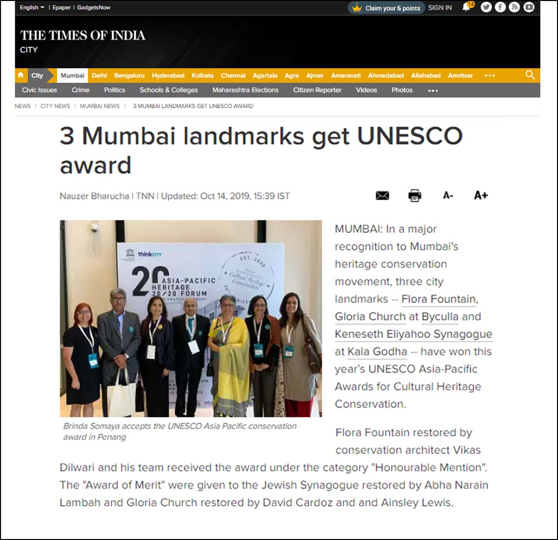 Three Mumbai Landmarks get UNESCO Award 2019, Time of India - October 2019